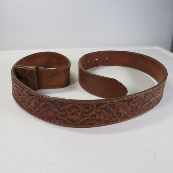 Brown Leather Belt USA tooled & stitched detail size 38 and 1 1/2" wide Western - Picture 2 of 9